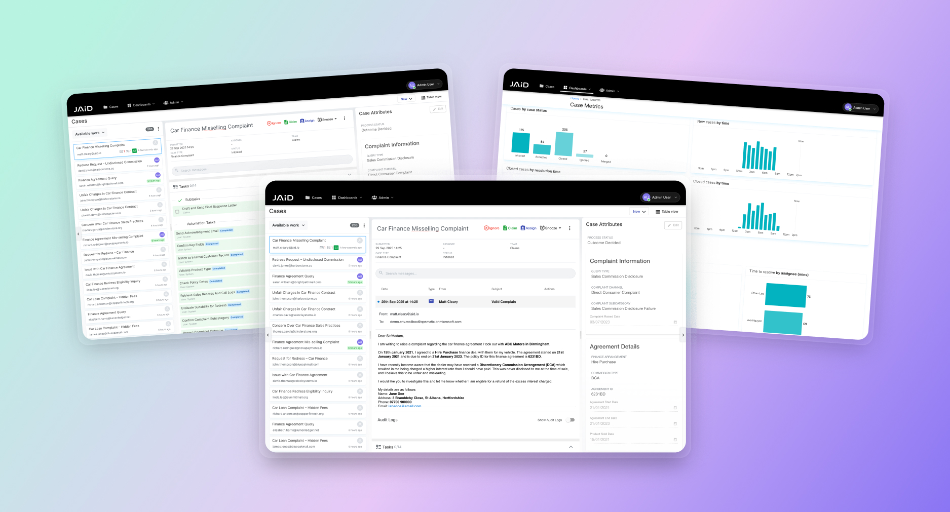 Jaid platform interface showing case management, dashboard analytics, and workflow automation